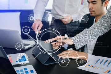 Wall Mural - api application programming interface, woman using laptop, tablet and smartphone with virtual screen