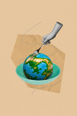 Poster - Collage photo of miniature destroying earth inside bowl hand fork eating environnment like food use resources isolated on beige color background