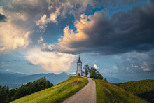 Stunning Rural Scenery With Saint Primoz Church At Sunset, Slovenia