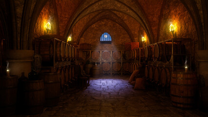Poster - Dark moody medieval inn cellar with barrels of wine and ale lit by candles and fire torches on the wall. 3D rendering.