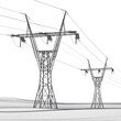 High voltage transmission systems. Electric pole. Power lines. A network of interconnected electrical. City scene. Black otlines on white background. Vector design illustration