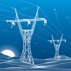 Wall Mural - High voltage transmission systems. Electric pole. Power lines. A network of interconnected electrical. White otlines on blue background. Vector design illustration