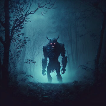 Scary monster in fog night forest. Fear and horror