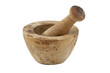 Wooden rustic style mortar and pestle over transparent