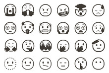 Set Of Emoticon Smiley Icons. Cartoon Emoji Set With Smile, Sad, Happy, And Flat Emotion
