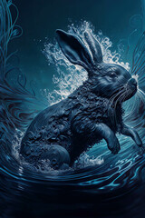 Wall Mural - Black rabbit in water, blue background, Year of the Black Water Rabbit, AI generated image