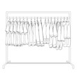 Outline of clothes on a hanger made of black lines isolated on a white background. Clothes hang in a row on a hanger. Side view. 3D. Vector illustration.