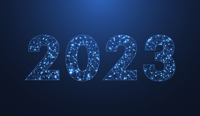 Fototapete - Modern futuristic technology template for Merry Christmas and Happy New Year 2023 with connected lines and dots. Plexus geometric effect. Global network connection, illustration.