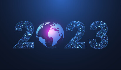 Fototapete - Modern futuristic technology template for Merry Christmas and Happy New Year 2023 with connected lines and dots. Plexus geometric effect. Global network connection, illustration.