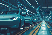 Splendid AI Generated Image Of Automotive Industry With Assembly Line Conveyors. Advance Modern High-tech Vehicle Assembly Plant. Robotic Arm Welding Bodywork, Car Frame.