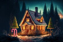 Amazing Log House Decorated Of Christmas Lights In Magical Forest With Cartoon Spruces And Candy Canes
