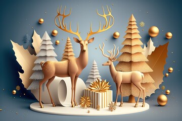 Wall Mural - Christmas winter festive composition. Colorful Xmas background realistic 3d decorative design objects, big and small deer, gift boxes, snowy trees, gold confetti. Happy New Year. Vector illustration