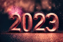 Happy New Year 2023, Glitter Rose Gold And Pink Numbers On Fireworks Background 