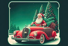 Merry Christmas And Happy New Year. Santa Claus In Red Retro Convertible Car Carries Christmas Tree. Xmas 3d Design, Vintage Banner, Modern Poster, Holiday Flyer, Brochure. Winter Vector Illustration
