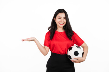 Wall Mural - Female sports fan isolated, confident asian soccer fans wearing red t-shirt isolated on white background. holding football