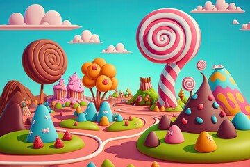 Sweet candy land. Cartoon game background. 3d vector illustration.