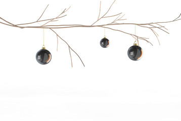 Wall Mural - black glossy glass christmas baubles hanging from christmastree twig isolated 3D Rendering 