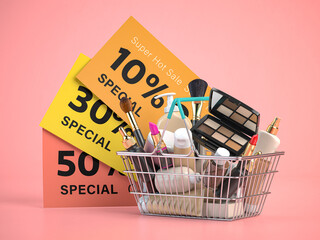 Sale of cosmetics , beauty and make up products. Cosmetics in a shopping basket and flyers for discount on pink background.