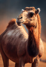 Realistic Illustration Of A Camel In Portrait Format, Exquisite Details. Black Background. Generative AI.