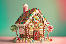 Gingerbread House On A Light Green Background With Icing, Gumdrops, Lollipops, Peppermints, Sprinkles, Candy, Candycane