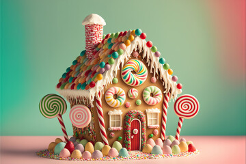 Gingerbread House on a Light Green Background with Icing, Gumdrops, Lollipops, Peppermints, Sprinkles, Candy, Candycane