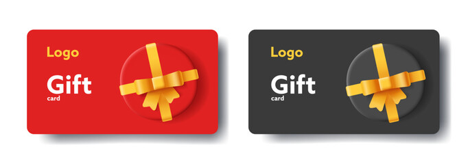 Wall Mural - Gift card voucher with round black and red gift box top view with golden ribbon, isolated template