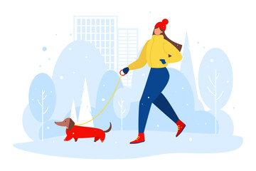 A girl walks with a dog in a winter city park. Dachshund dog in overalls. 
Vector illustration in flat style for service of pet.  Design template for poster, booklet, banner, flyer, web, advert 