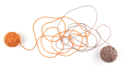 Wall Mural - colorful cotton thread balls isolated on white background. abstract thread lines and two orange and 
