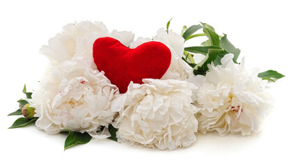 Sticker - White peonies and a red heart.