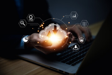 Wall Mural - businessman's hands showing a diagram of cloud computing information technology icon. big data.