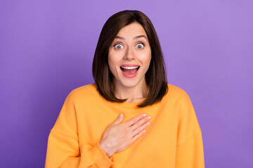 Sticker - Photo of young adorable cute girlish lady wear orange sweater touch chest surprised open mouth unbelievable reaction isolated on purple color background