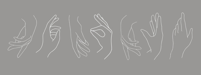 Wall Mural - Vector white hands collection illustration on gray background. Hand gesture vector illustration, simple hand drawn set. Line art white hands clip art. 