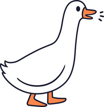Cute Cartoon Goose Walking And Honking. Simple White Goose Drawing.