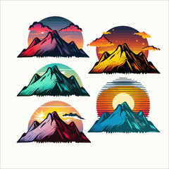 Poster - Retro mountains sunset. Mountain peaks with rising sun.  Flat illustration isolated on white background