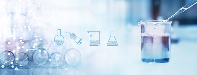 Wall Mural - glass dropper with water drop in beaker with molecular structure science equipment banner blue labor