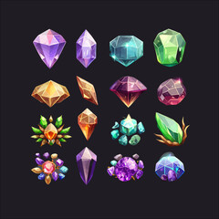Leinwandbilder - Precious gems, crystal stones in shape. Game icons of magic mineral crystals. Flat illustration isolated on white background