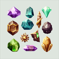 Leinwandbilder - Magic crystals, precious gemstones with glow and sparkles. Flat cartoon illustration isolated on gray background
