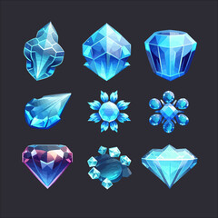 Leinwandbilder - Precious gems, crystal stones in shape. Game icons of magic mineral crystals. Flat illustration isolated on white background