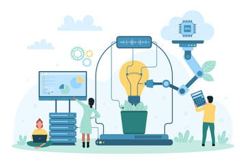 Eco science innovation, technology and idea improvement vector illustration. Cartoon tiny people repair light bulb, engineering modern creative lamp with help of robot arms and laboratory equipment