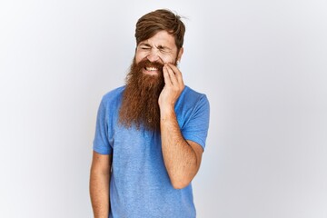 Canvas Print - Caucasian man with long bear standing over isolated background touching mouth with hand with painful expression because of toothache or dental illness on teeth. dentist