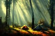 Summer Camping, campfire. Beautiful 3D Nature and landscape wallpaper with a sunshine view, green forest, pine trees and misty sky
