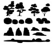 Set of silhouette design. Japanese garden and flower bed with small trees, stones and flowers. Isolated on white background. Illustration vector.
