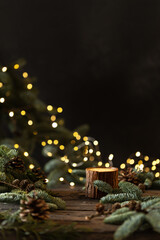 Merry Christmas! Festive natural background, small Christmas forest, in the background the light of the garland. Place for text. Selective focus.