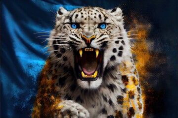  a snow leopard with blue eyes and a yellow tail with its mouth open and it's mouth wide open. Generative AI