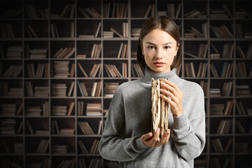 Wall Mural - Pretty woman with old book in library