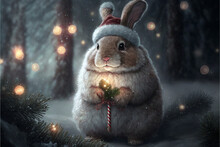 Little Tiny Bunny Dressed Up As Santa Claus On Snowing And Christmas Tree Background.