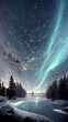 Magical, aurora, lights, blue, icy, green, colors reflecting, Christmas and New Year card background, cloud, sky, landscape, lake, water, river, snow, night, winter