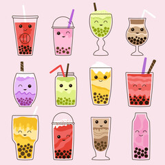 Sticker - Bubble tea asian drink with kawaii faces. Kids mascots, isolated sweet pearl drinks with fruits. Milk beverages with cream, decent vector set