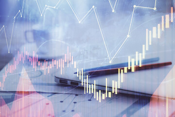 Fototapete - Forex graph hologram on table with computer background. Double exposure. Concept of financial markets.