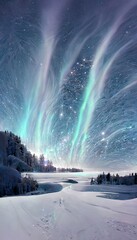 Winter snow covered landscape, northern lights in the sky reflecting on the lake, icy blue colors, Merry christmas and happy new year greeting background